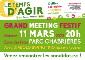 Affichette meeting Le Tems d'Agir à Oullins avec Jean-Charles Kohlhaas le 11 mars 2020